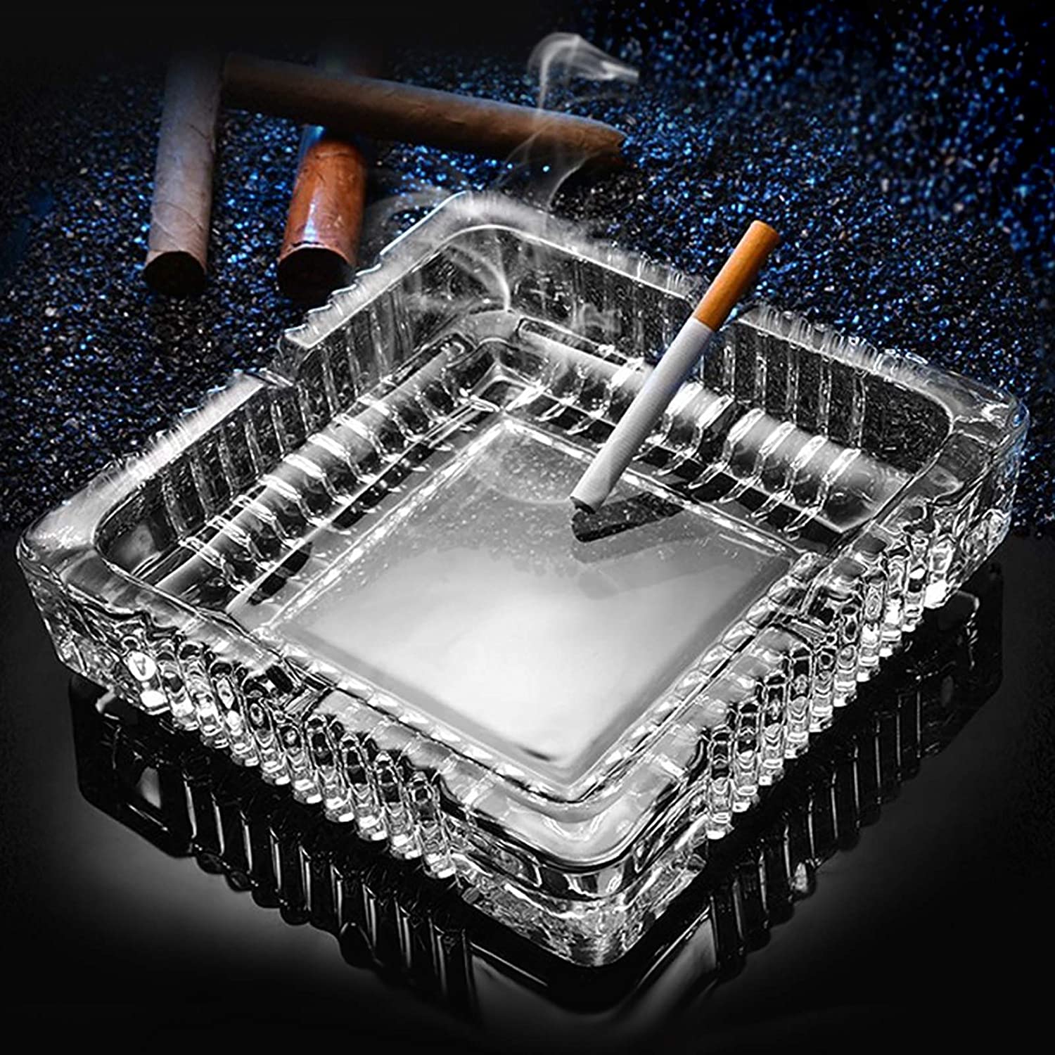 7inch Crystal Clear Glass Ashtray 7" Square Heavy-Duty Crystal Cigar & Cigarette Ashtray for Home, Bar, or Outdoor Use
