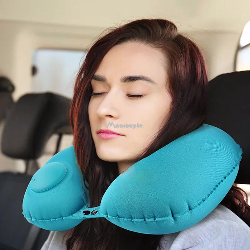 1pc Ultra-Soft Velvet U-Shape Inflatable Neck Pillow - Automatic Cervical Support, Portable, Washable, Multi-Position, Snap Closure - Perfect for Travel, Home, Office, Car, and Movie Nights