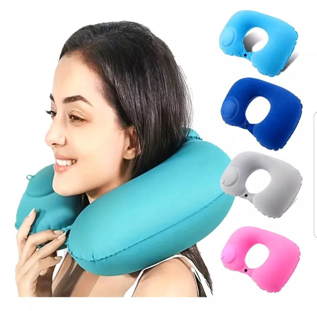 1pc Ultra-Soft Velvet U-Shape Inflatable Neck Pillow - Automatic Cervical Support, Portable, Washable, Multi-Position, Snap Closure - Perfect for Travel, Home, Office, Car, and Movie Nights