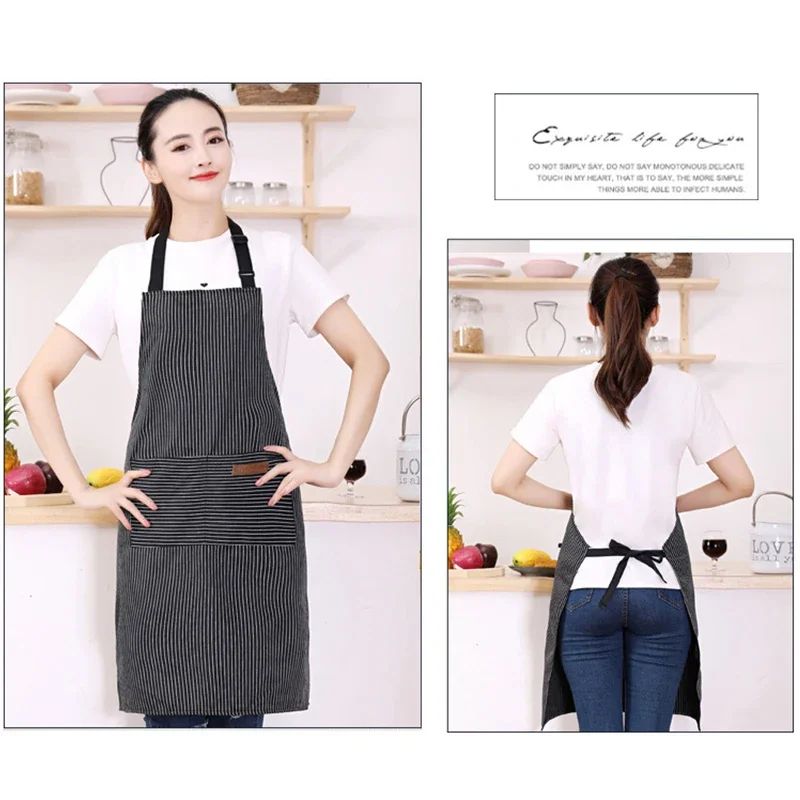 Kitchen Oil Resistant Aprons Striped Zippered Cotton Apron With Straps Breathable Apron Women's Dirt Resistant Work Clothes