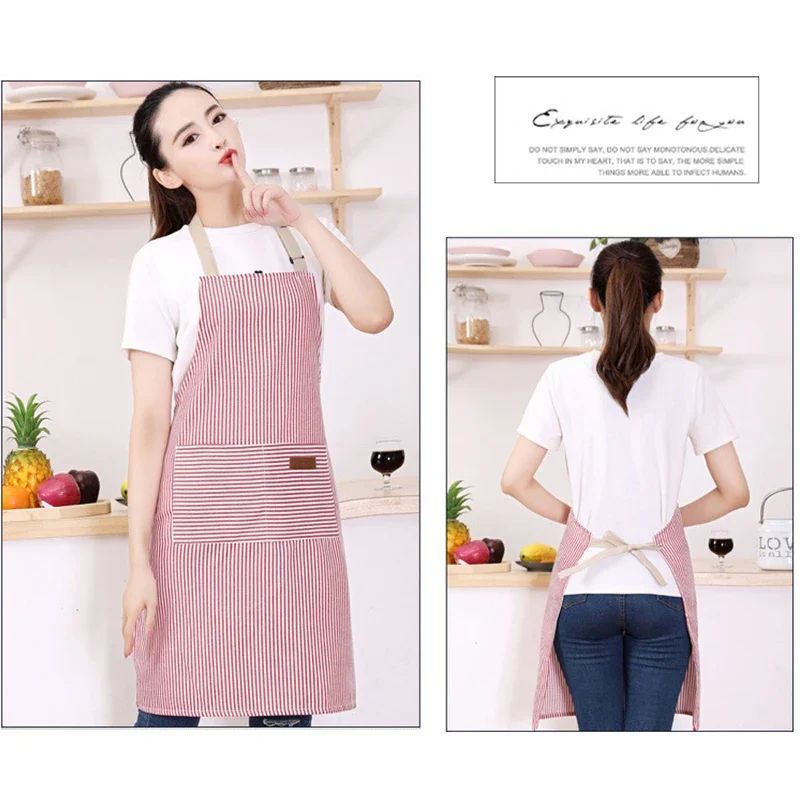 Kitchen Oil Resistant Aprons Striped Zippered Cotton Apron With Straps Breathable Apron Women's Dirt Resistant Work Clothes