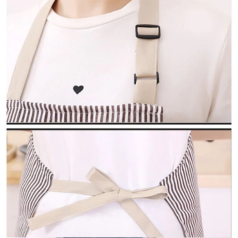 Kitchen Oil Resistant Aprons Striped Zippered Cotton Apron With Straps Breathable Apron Women's Dirt Resistant Work Clothes