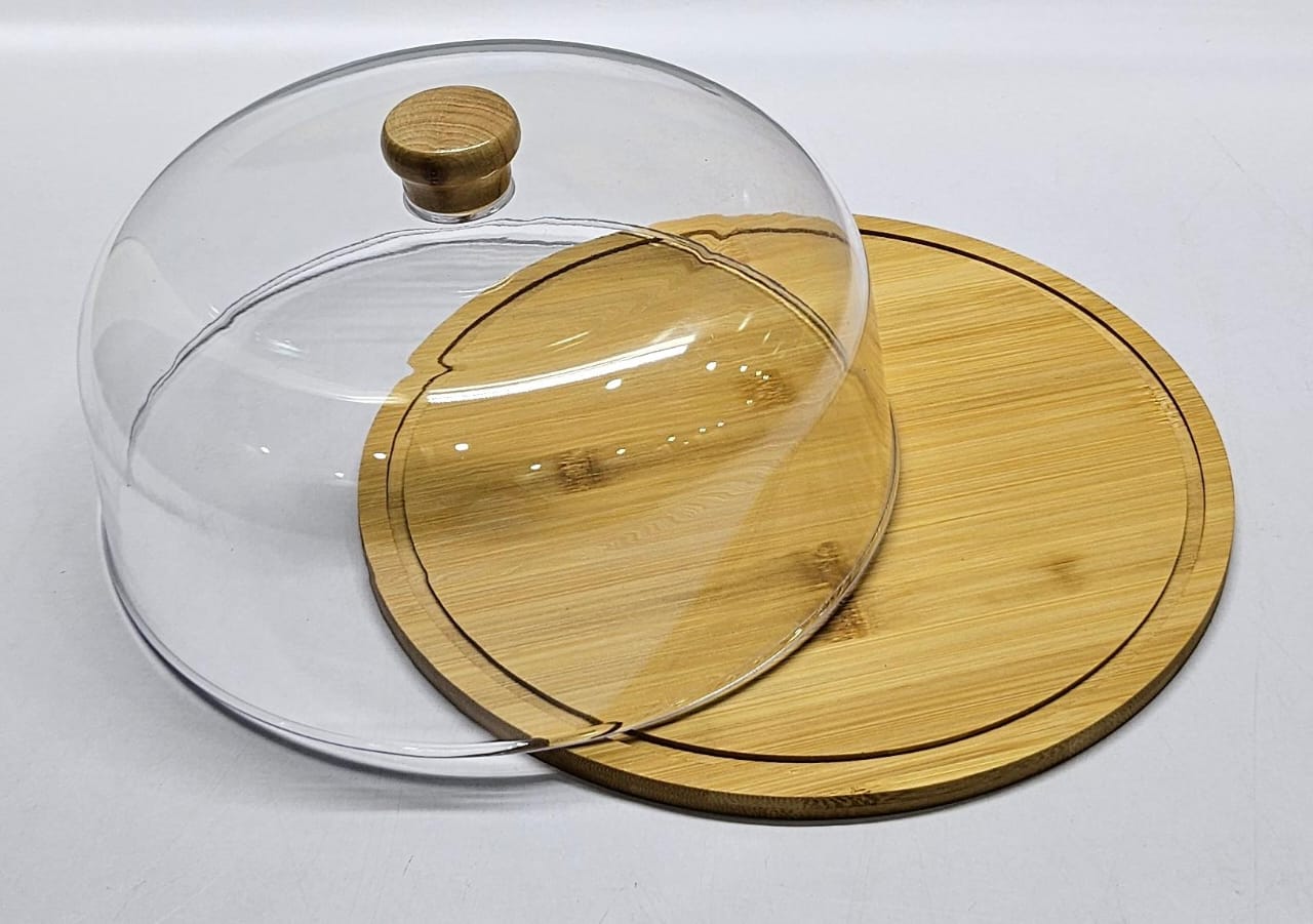 High quality Kitchen Bamboo base cake/fruits stand with high quality acrylic top dome cover with a size of 39cm base