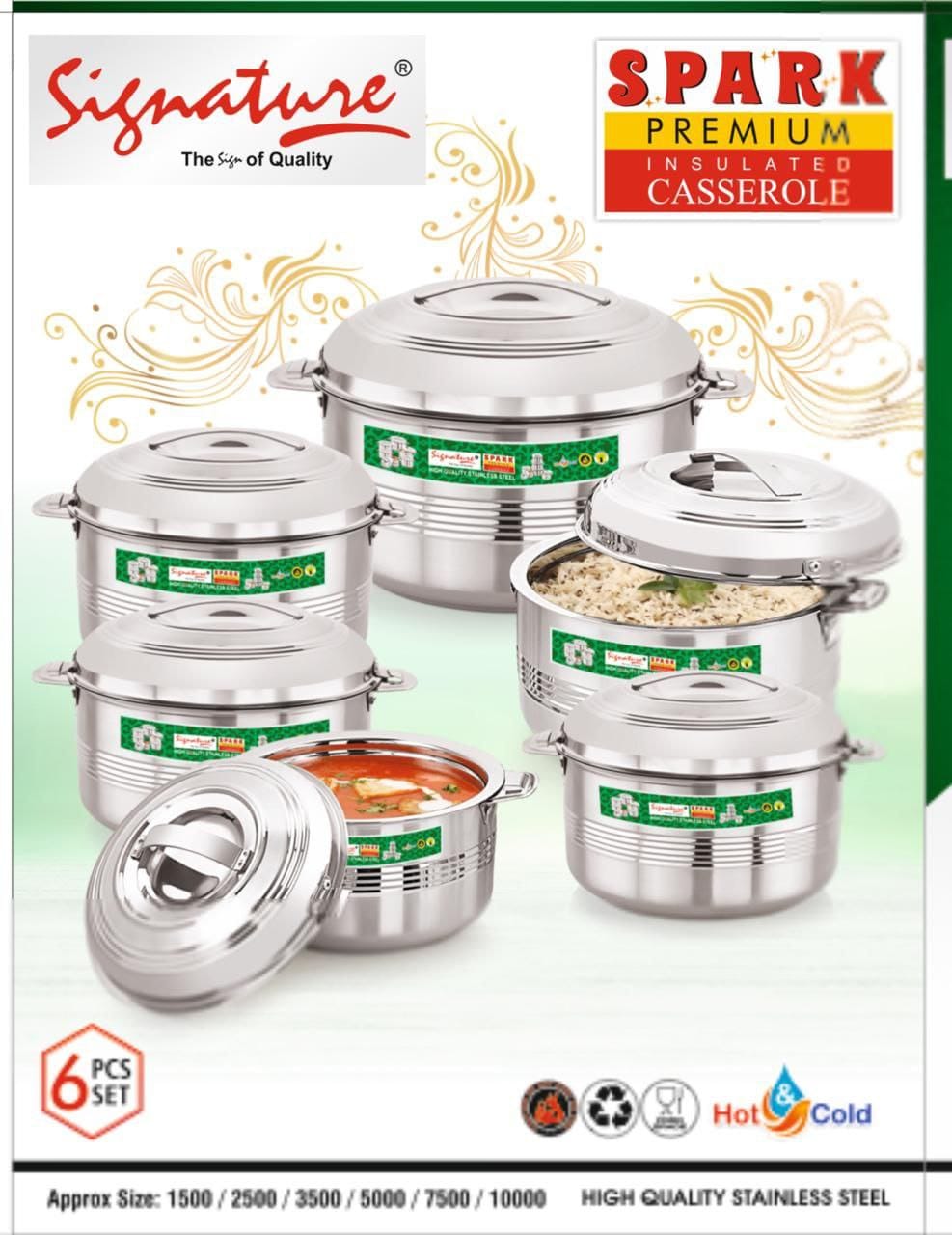 Set of 6pcs Heavy double wall Signature stainless steel spark insulated kitchen hotpot...Big enough for your family fresh meals