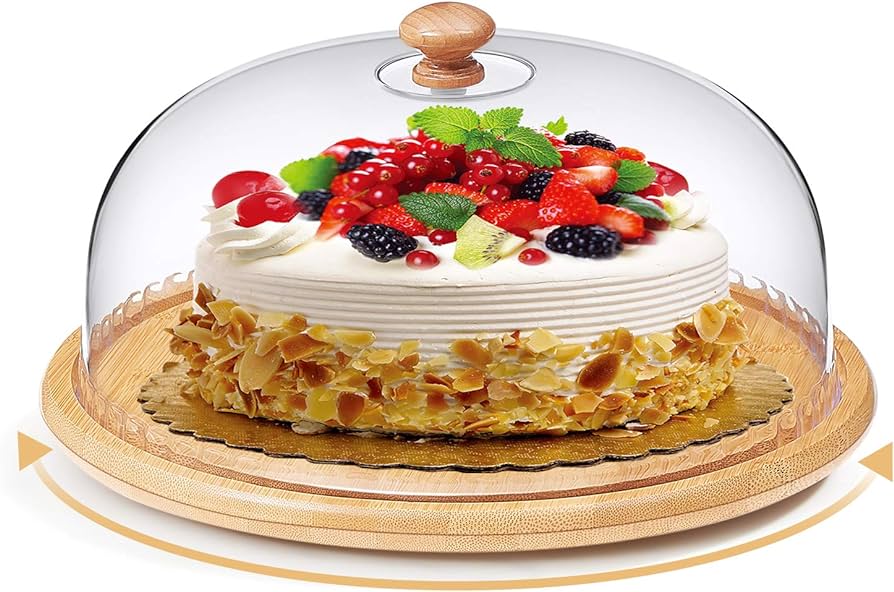 High quality Kitchen Bamboo base cake/fruits stand with high quality acrylic top dome cover with a size of 39cm base