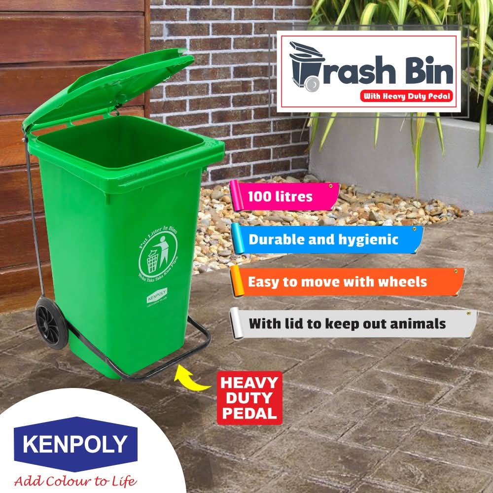 Kenpoly Heavy duty pedal dust bin with capacity of 100 litres  with 2 wheels...Our trash bin with heavy duty pedal is durable, making it the perfect solution for both indoo and outdoor...suitable for