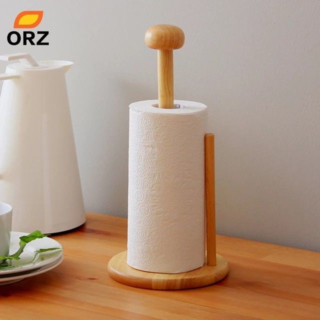 Free stand kitchen Bamboo wood vertical roll pole tissue/paper holder for kitchen/toilet