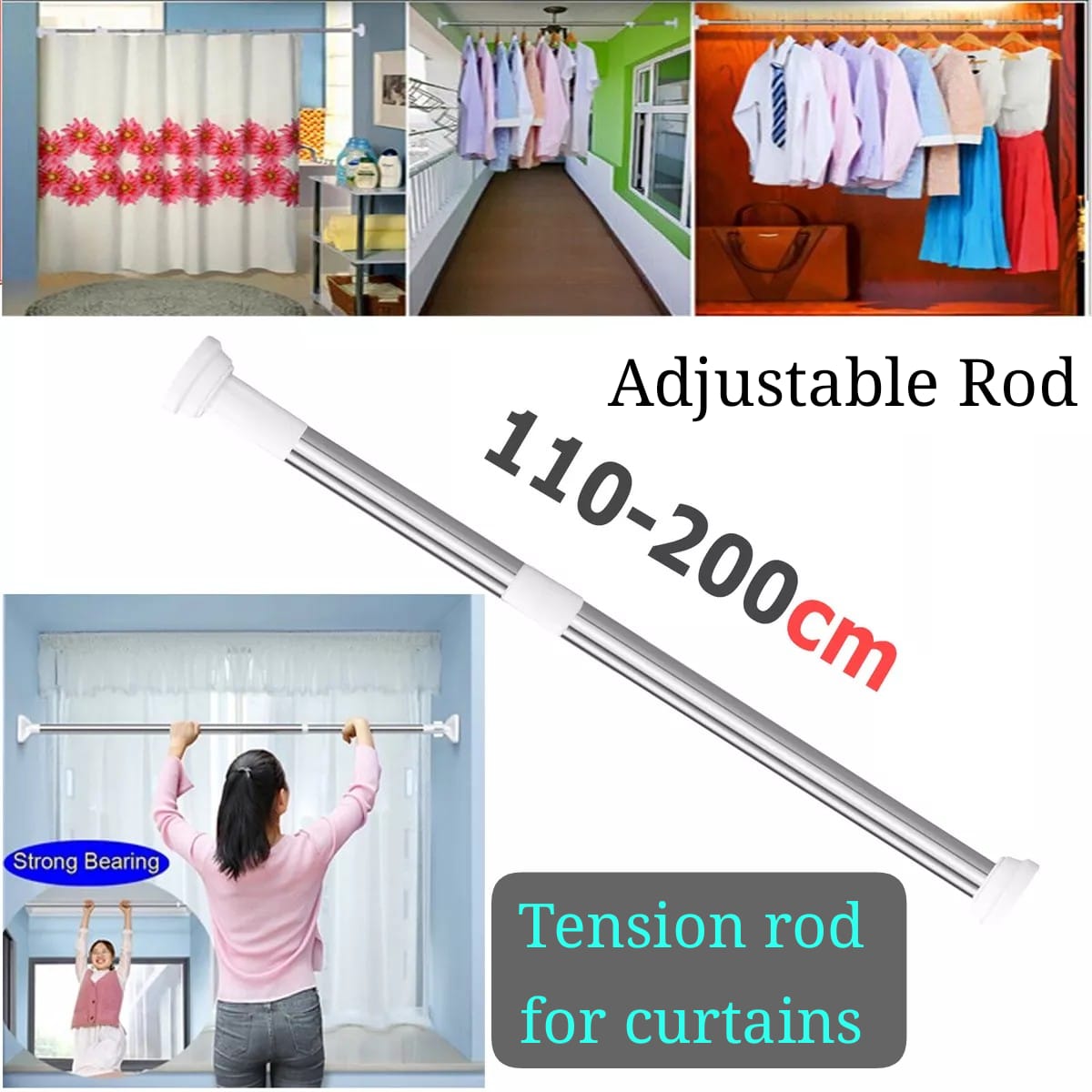 Telescope Punch-Free Expandable Stainless Steel Adjustable Retractable Rod – No Drilling Needed Hanging Rod for Bathroom Shower Curtains or Bedroom Wardrobe