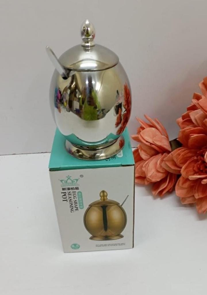 Stainless Steel Egg-Shaped Kitchen Spice and Seasoning Dish with 500ml Capacity – Elegant Dining Sugar Container for Home, Restaurant, or Table Use