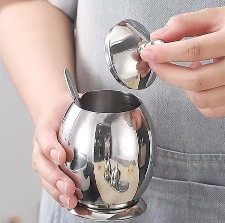 Stainless Steel Egg-Shaped Kitchen Spice and Seasoning Dish with 500ml Capacity – Elegant Dining Sugar Container for Home, Restaurant, or Table Use