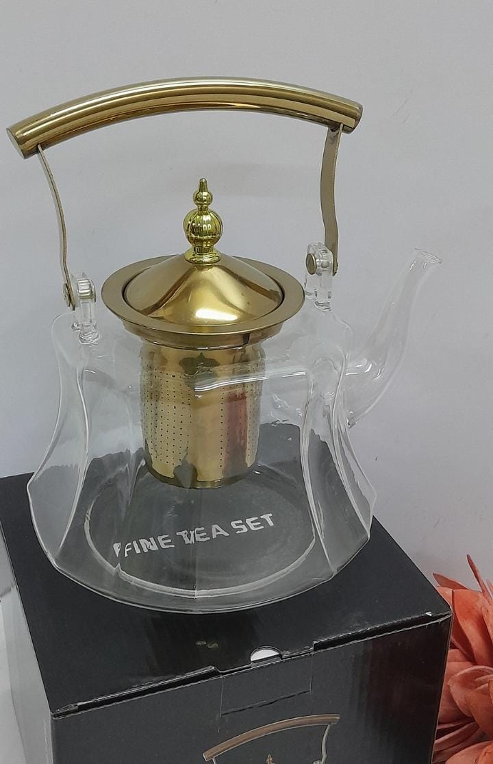 Heat Resistant Classy Kitchen Glass Teapot with Strainer Infuser and Gold Handle – Elegant 1.2-Litre Tea Pot with Metallic Sieve for Home or Office Use