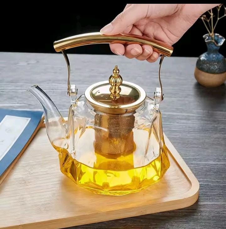 Heat Resistant Classy Kitchen Glass Teapot with Strainer Infuser and Gold Handle – Elegant 1.2-Litre Tea Pot with Metallic Sieve for Home or Office Use