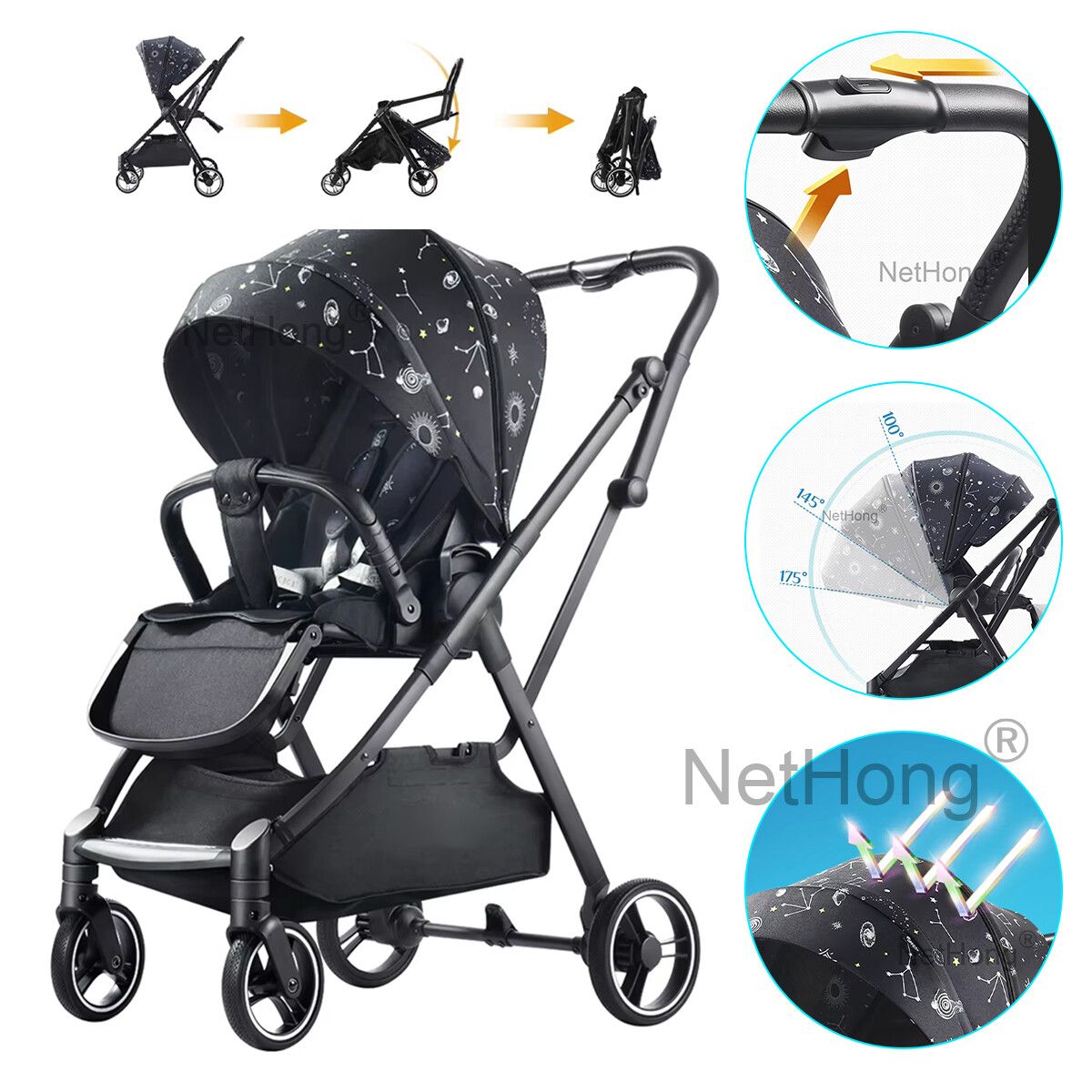 Lightweight Portable Foldable Baby Stroller with Four Wheels, Safety Harness, Comfortable Seat, and Compact Design for Easy Travel and Everyday Outdoor Use