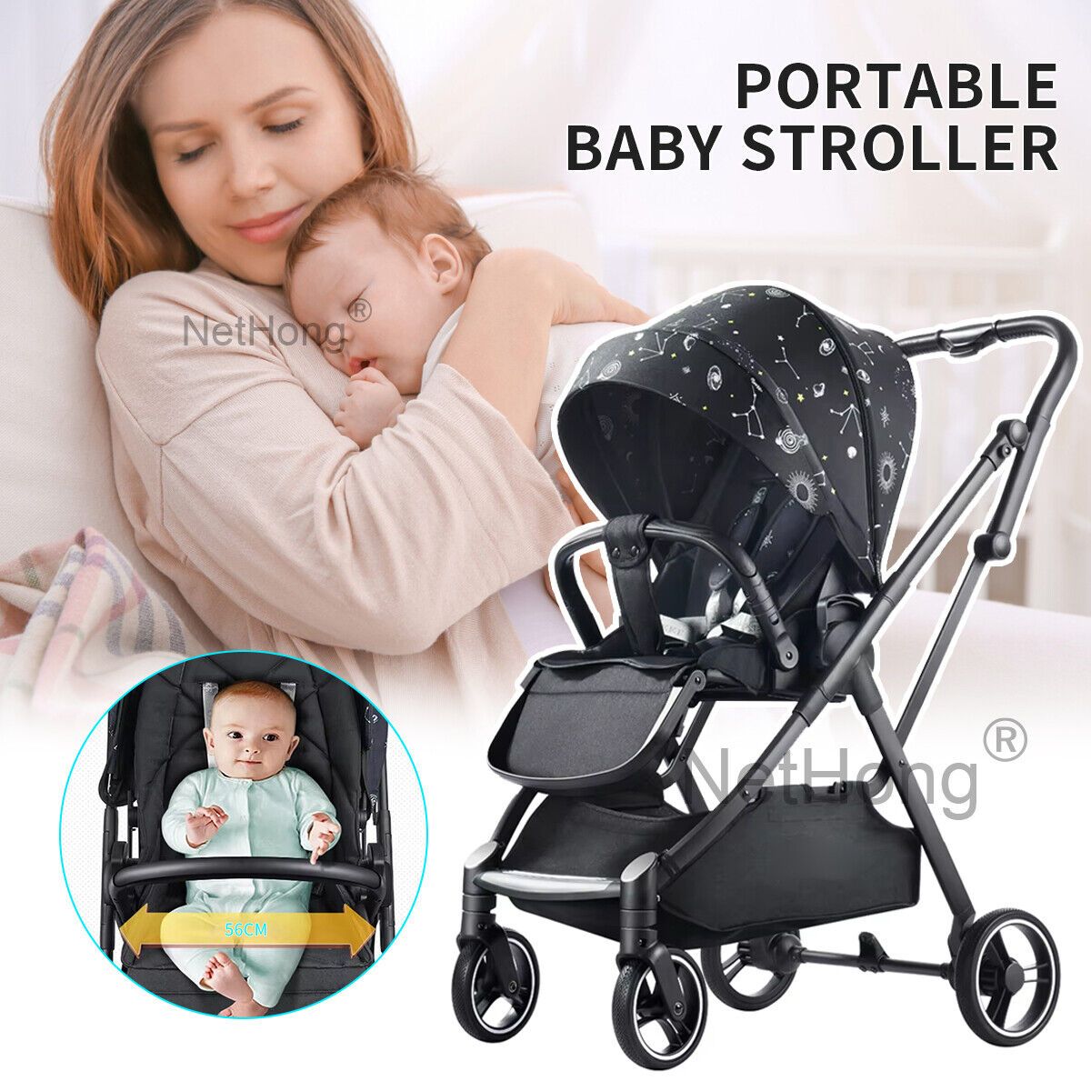 Lightweight Portable Foldable Baby Stroller with Four Wheels, Safety Harness, Comfortable Seat, and Compact Design for Easy Travel and Everyday Outdoor Use