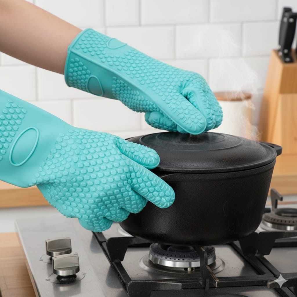 2Pcs High Quality Double Wall Heat Resistant Silicone Kitchen Oven Gloves Set — Non-Slip, Insulated, and Flexible Mitts for Safe Handling of Hot Pots, Baking Trays, and Cookware