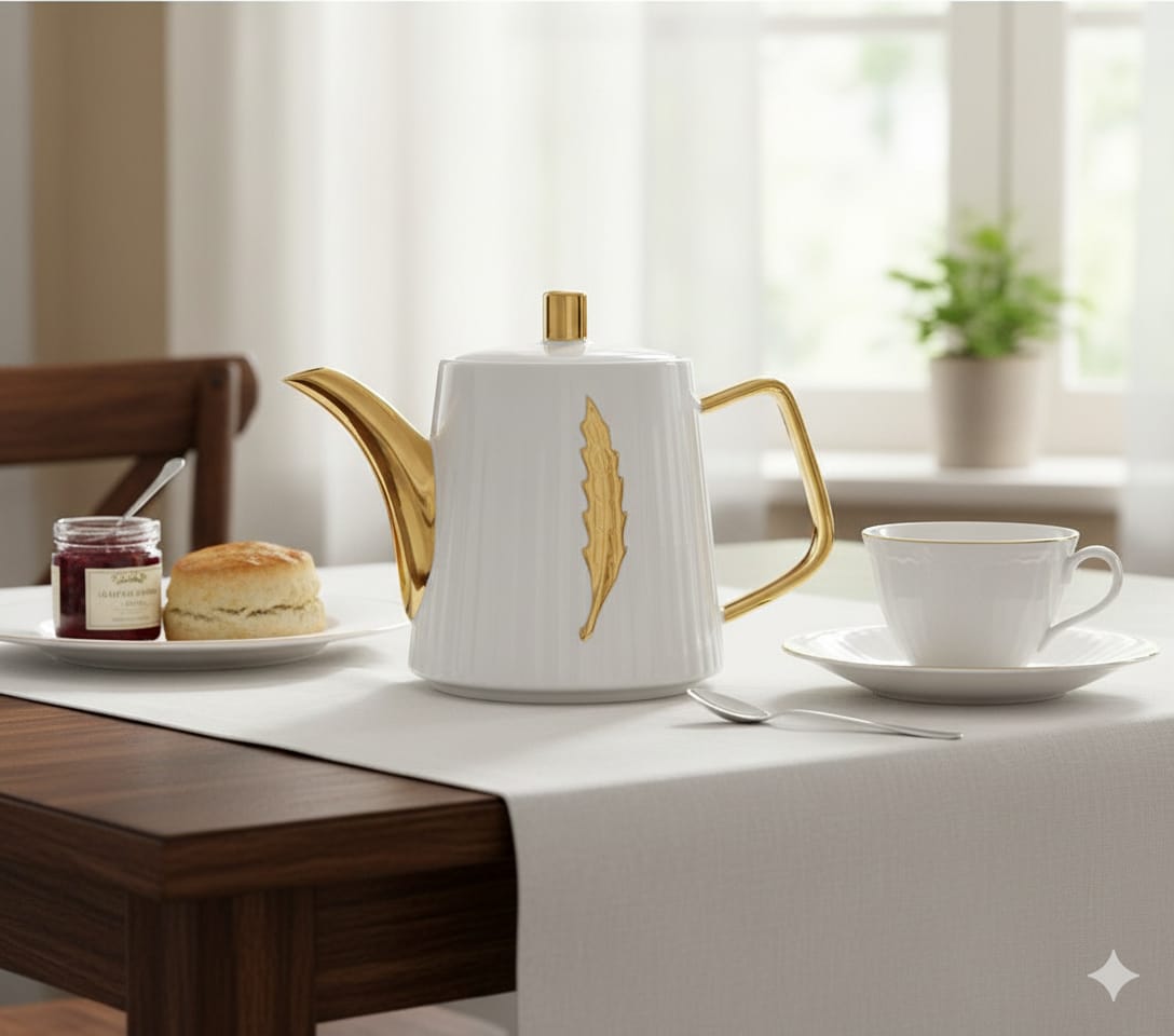 Fancy Gold Ceramic Kitchen Tea Kettle with Elegant Gold Line — 1000ml Capacity, Durable Heat-Resistant Design, Perfect for Serving Hot Tea, Coffee, or Beverages at Home or Office