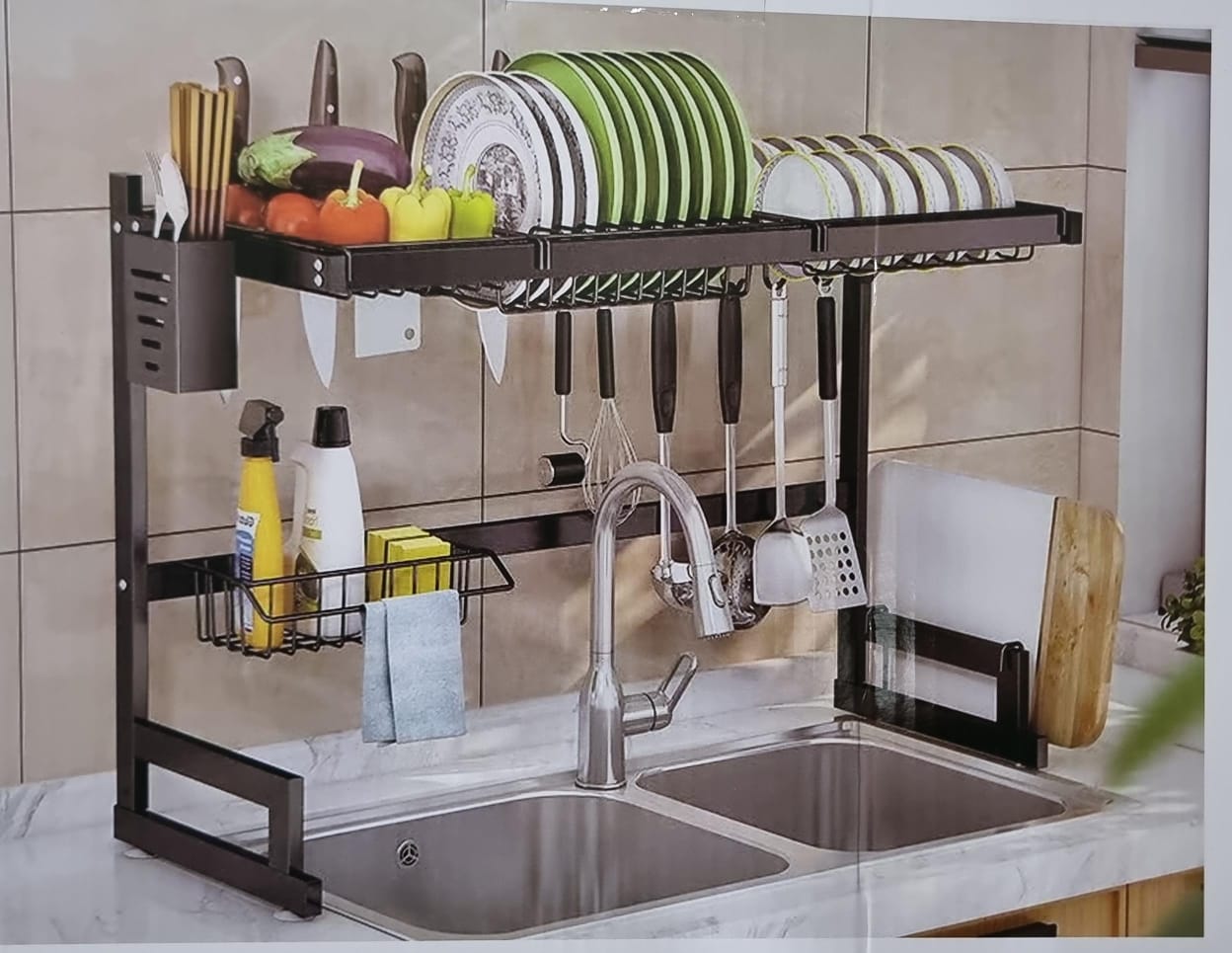 Rust Proof Heavy Metallic Over-the-Sink Rack – Durable 85cm Kitchen Organizer for Dishes, Cutlery & Cleaning Accessories, Ideal for Maximizing Counter Space and Drying Efficiency