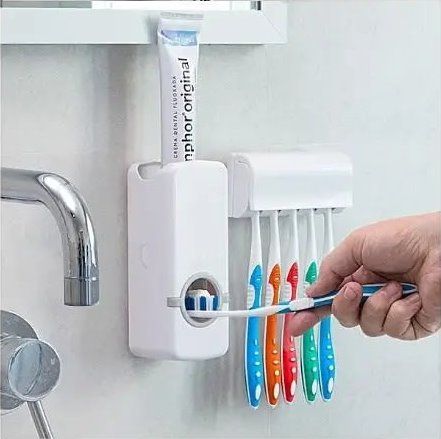 Simple Automatic Toothpaste Dispenser with 5pcs Toothbrush Holder – Wall Mounted, Hygienic, Easy to Install, and Perfect for Organized Bathroom Storage and Family Use
