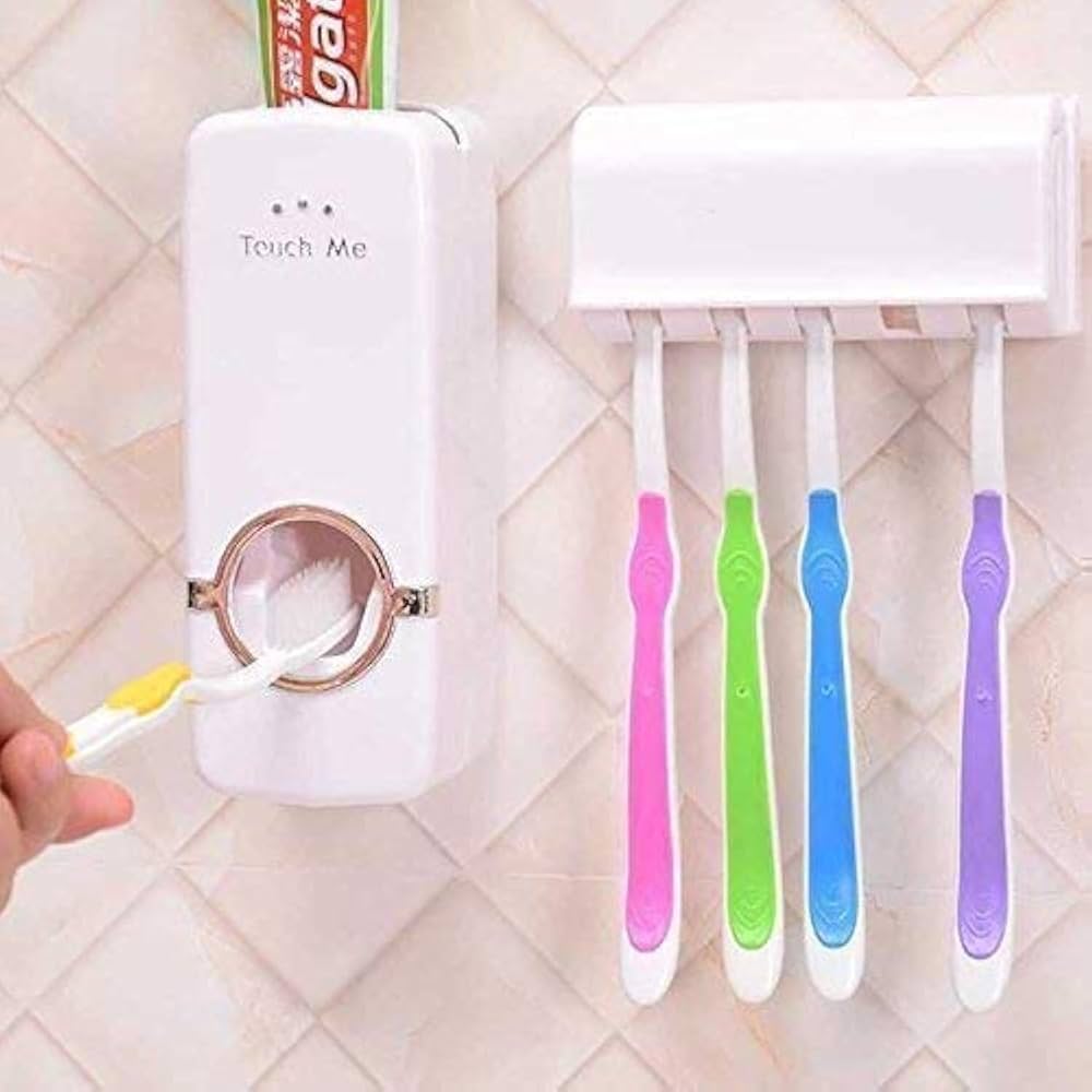Simple Automatic Toothpaste Dispenser with 5pcs Toothbrush Holder – Wall Mounted, Hygienic, Easy to Install, and Perfect for Organized Bathroom Storage and Family Use