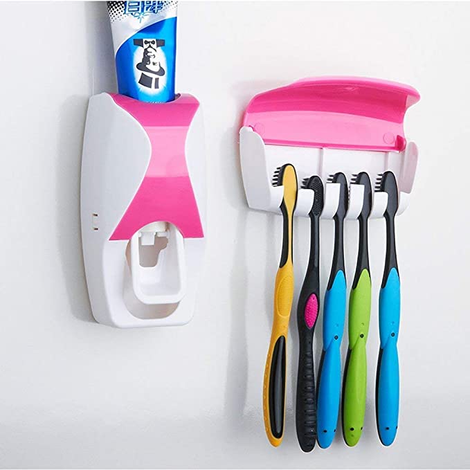 Simple Automatic Toothpaste Dispenser with 5pcs Toothbrush Holder – Wall Mounted, Hygienic, Easy to Install, and Perfect for Organized Bathroom Storage and Family Use