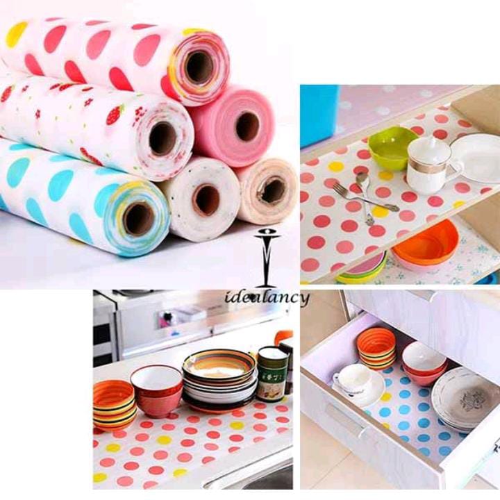 Beatiful doted drower liner...made of PVC material...with the size of 30cmx500cm...in colors Green,Blue,Pink and peach flower strawberry