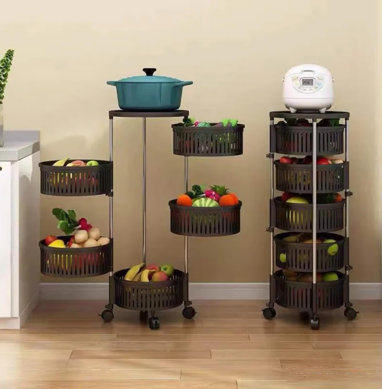 4 tiers plastic fruits/vegetables kitchen corner rack with movable wheels