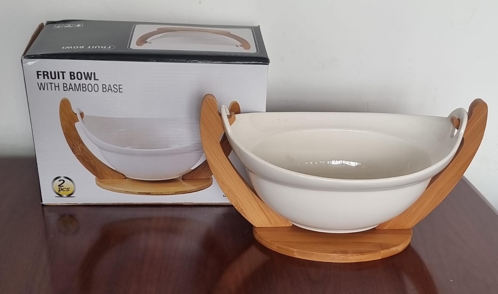 High quality medium size Ceramic table top kitchen fruits bowl with Bamboo Base stand