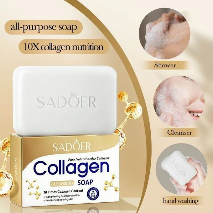 SADOER Collagen Soap With 10 Times Collagen Content Moisturizing Soothing Cleansing Soap Organic Skin Care Collagen Facial Soap Made With 100% Pure Natural Active Collagen Beauty Soap