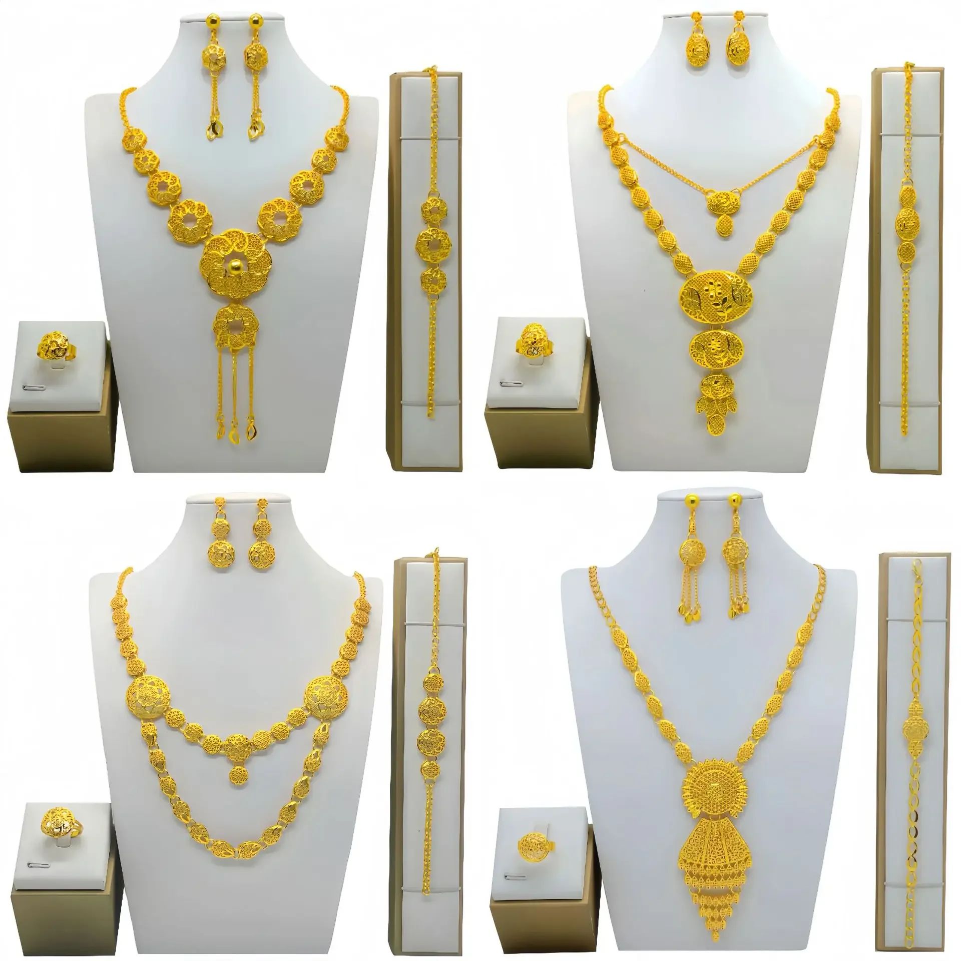 Dubai Gold Color Plated Jewelry Set For Women Multicolor Rhinestone Elegance Charm Necklace Earrings Sets Wedding Party Gift