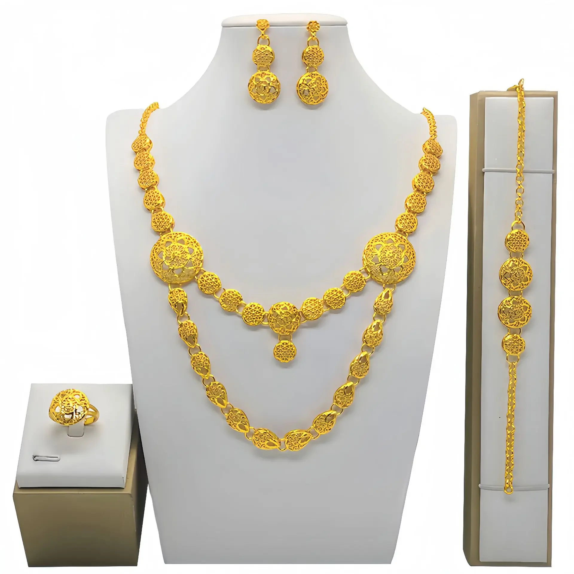 Dubai Gold Color Plated Jewelry Set For Women Multicolor Rhinestone Elegance Charm Necklace Earrings Sets Wedding Party Gift