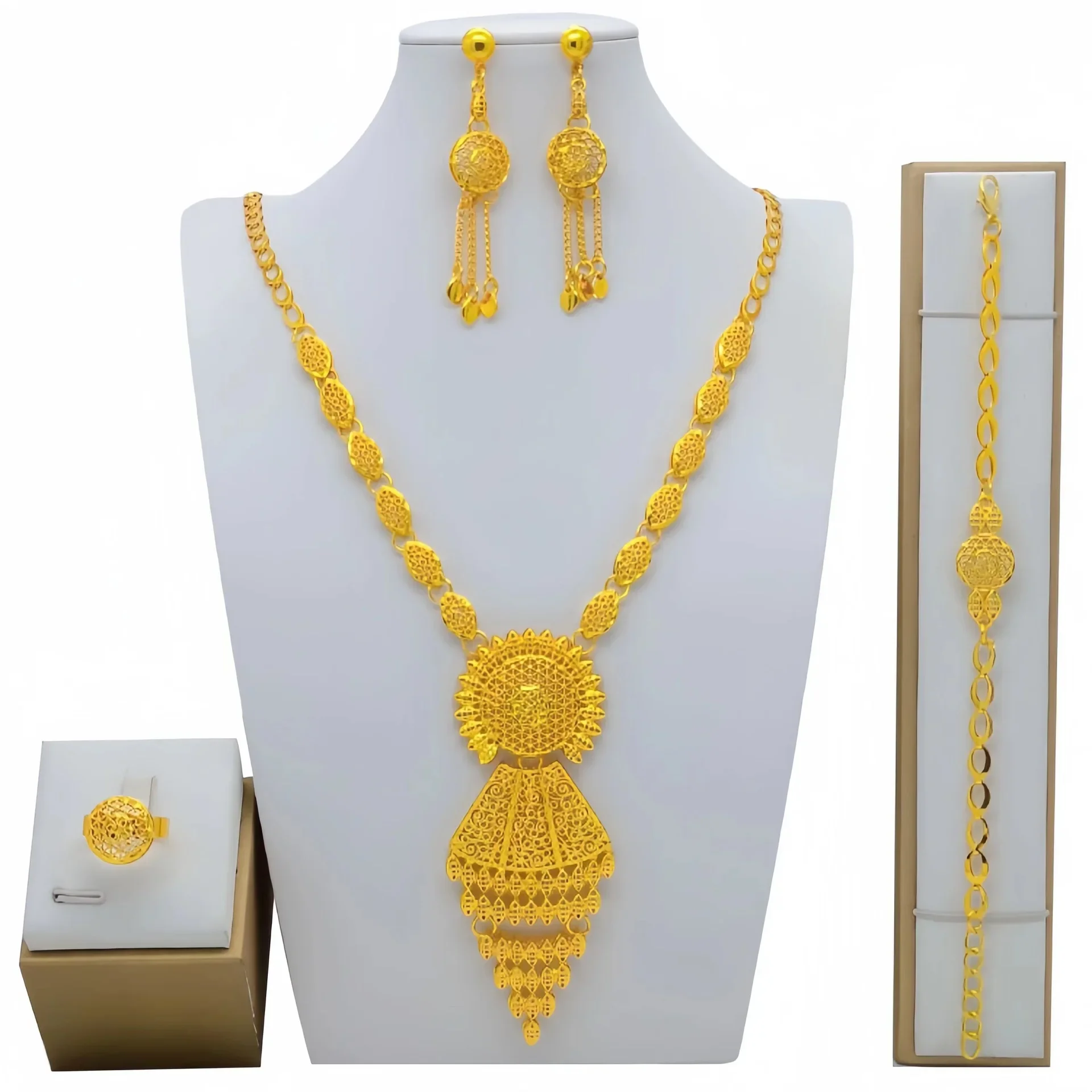 Dubai Gold Color Plated Jewelry Set For Women Multicolor Rhinestone Elegance Charm Necklace Earrings Sets Wedding Party Gift