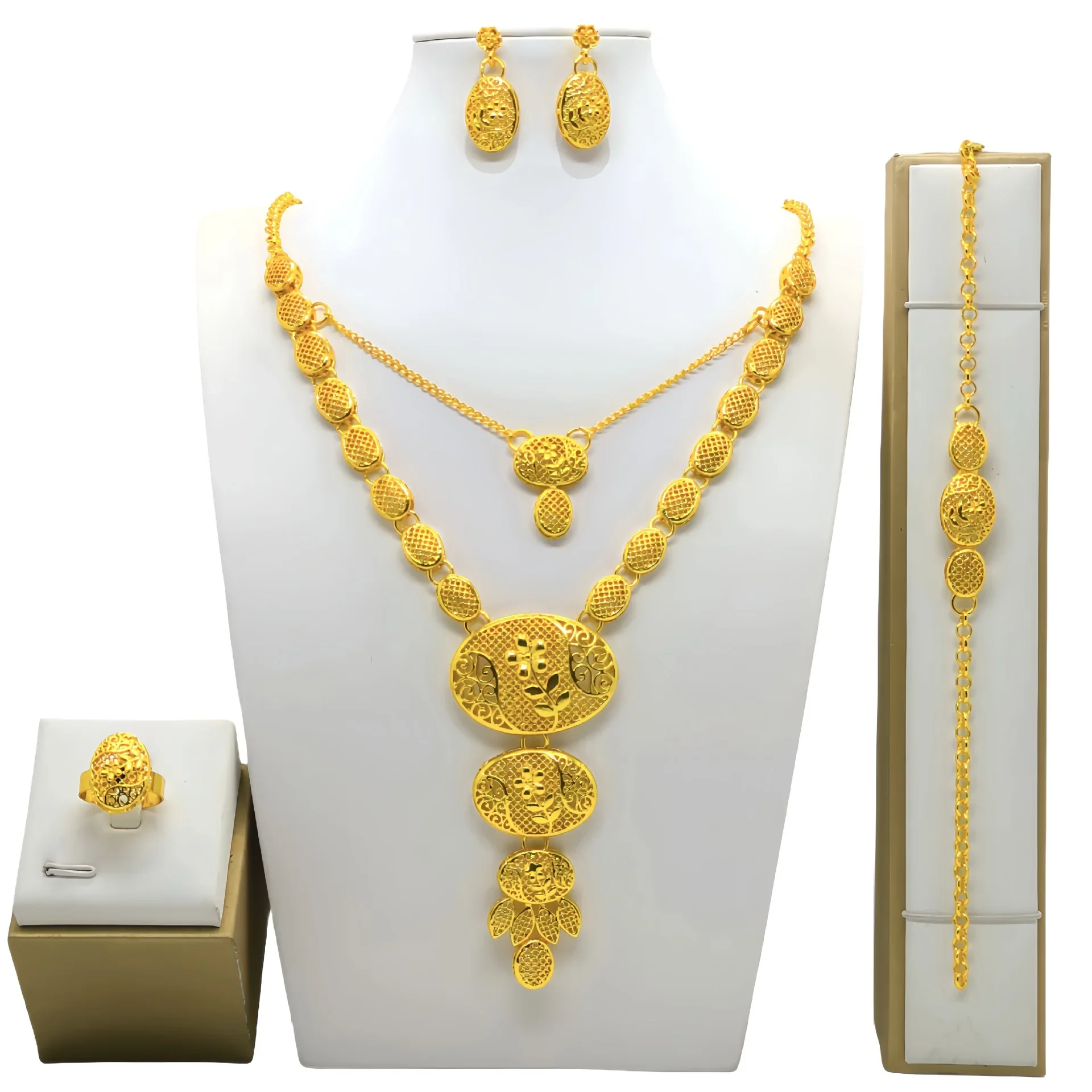 Dubai Gold Color Plated Jewelry Set For Women Multicolor Rhinestone Elegance Charm Necklace Earrings Sets Wedding Party Gift