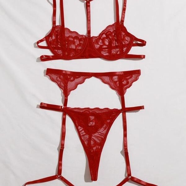 2024 Popular African European American New Product Fun Underwear Wine Red Flower Lace Hollow jumpsuit Fasion Underwear Set Strap jumpsuit Night Hot Passion Secret Gift