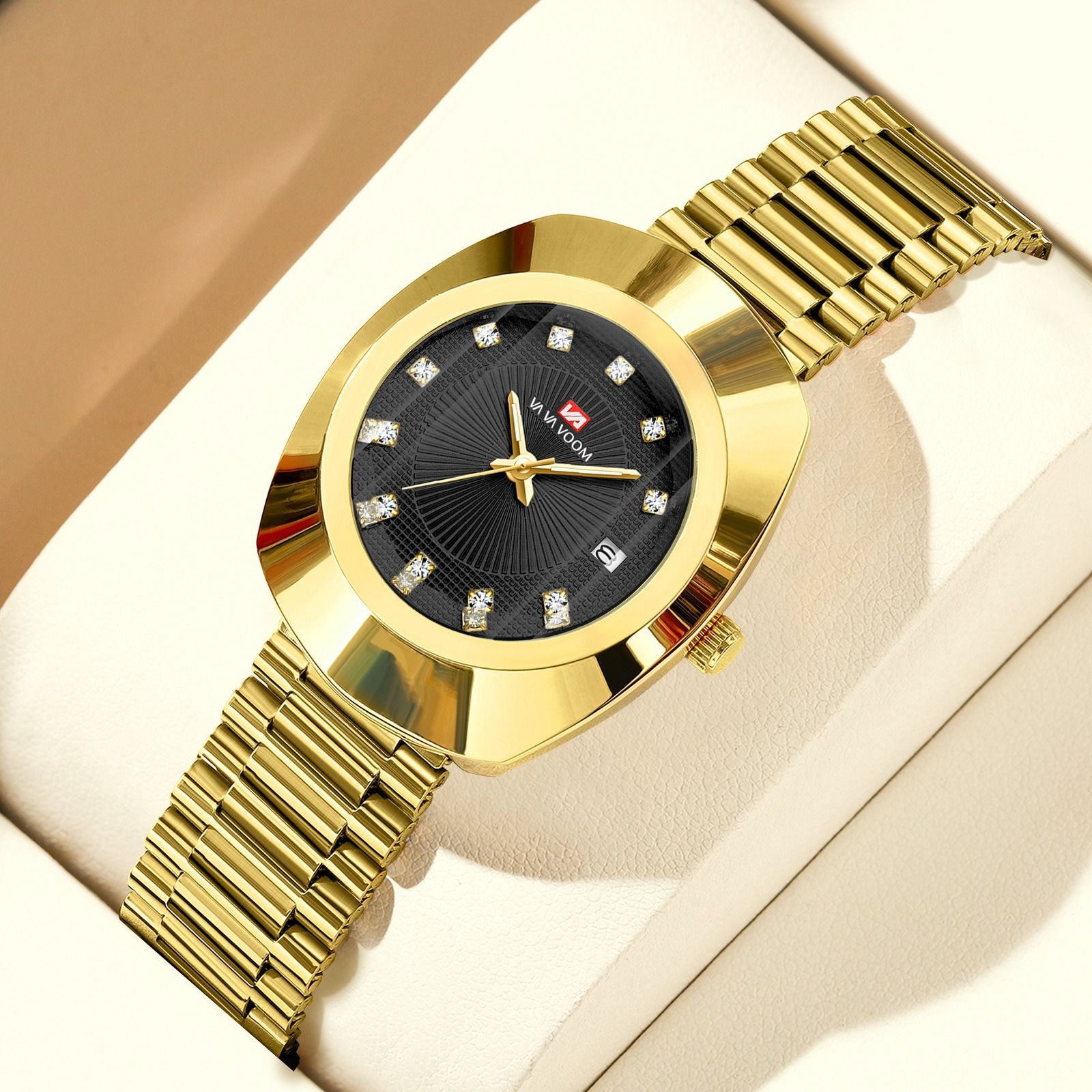 2024 VA VA VOOM-Branded Fully Automatic Movement Watch Calendar Suitable For Men / Women Non-Mechanical Design 30M Waterproof Suitable Quartz Watch Gold Diamond Set Steel Strap Watch Couple