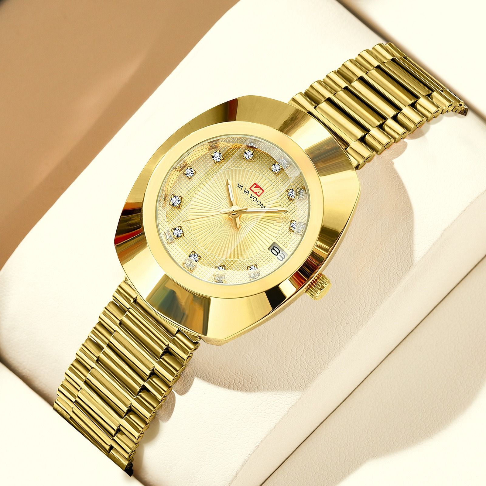 2024 VA VA VOOM-Branded Fully Automatic Movement Watch Calendar Suitable For Men / Women Non-Mechanical Design 30M Waterproof Suitable Quartz Watch Gold Diamond Set Steel Strap Watch Couple