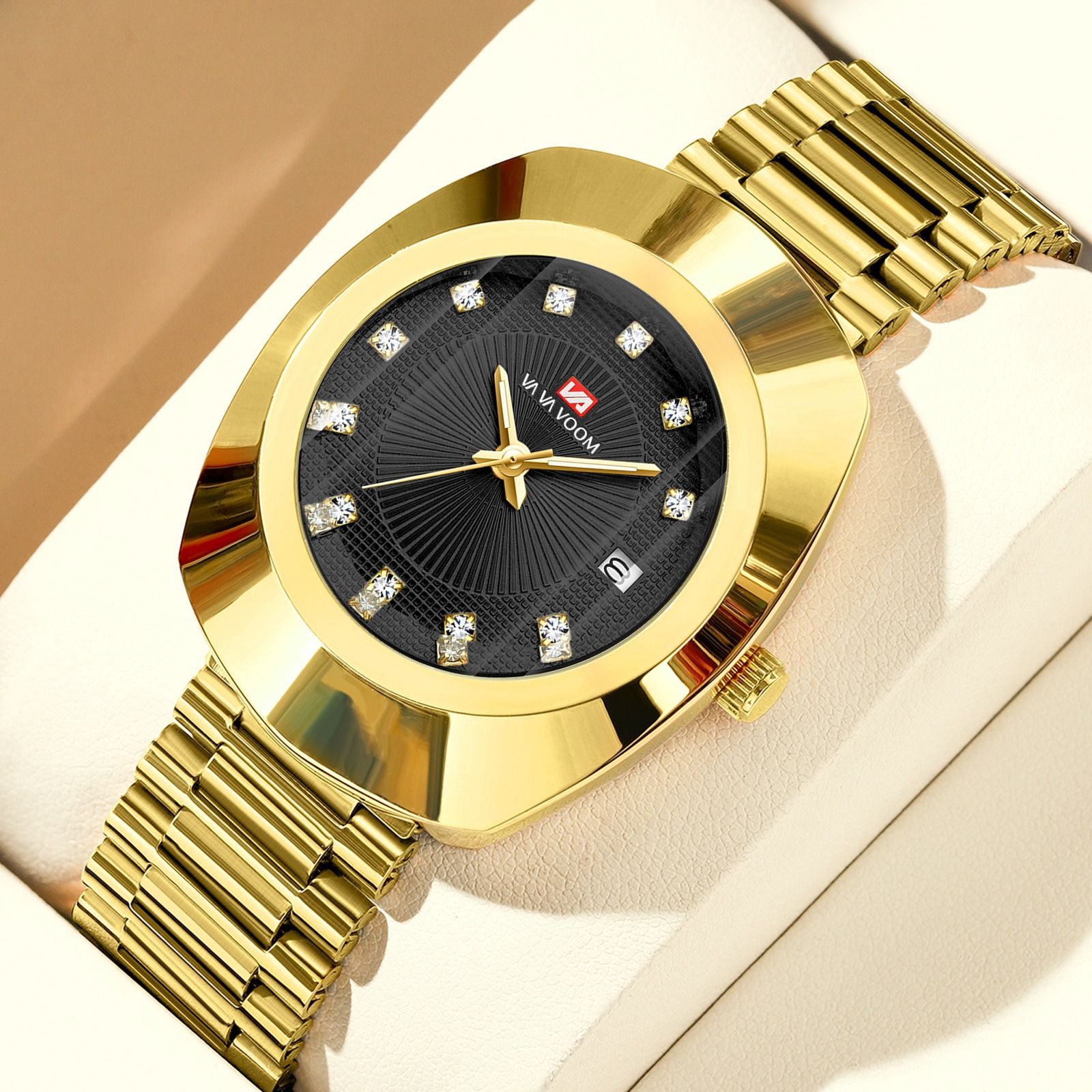 2024 VA VA VOOM-Branded Fully Automatic Movement Watch Calendar Suitable For Men / Women Non-Mechanical Design 30M Waterproof Suitable Quartz Watch Gold Diamond Set Steel Strap Watch Couple