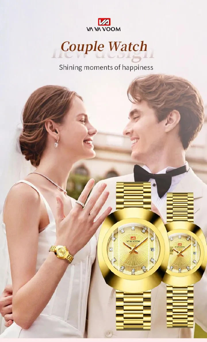 2024 VA VA VOOM-Branded Fully Automatic Movement Watch Calendar Suitable For Men / Women Non-Mechanical Design 30M Waterproof Suitable Quartz Watch Gold Diamond Set Steel Strap Watch Couple
