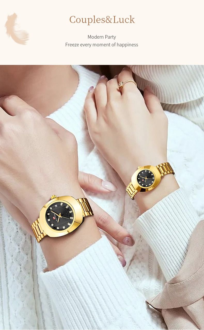2024 VA VA VOOM-Branded Fully Automatic Movement Watch Calendar Suitable For Men / Women Non-Mechanical Design 30M Waterproof Suitable Quartz Watch Gold Diamond Set Steel Strap Watch Couple