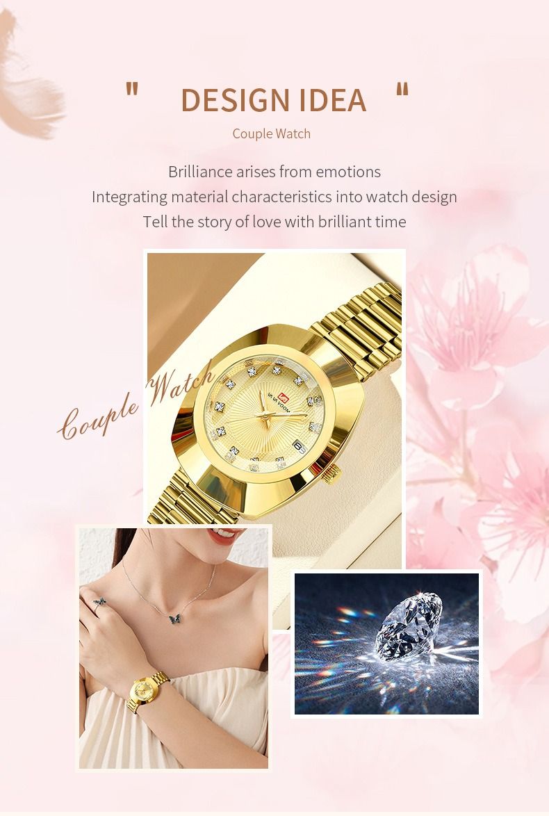 2024 VA VA VOOM-Branded Fully Automatic Movement Watch Calendar Suitable For Men / Women Non-Mechanical Design 30M Waterproof Suitable Quartz Watch Gold Diamond Set Steel Strap Watch Couple