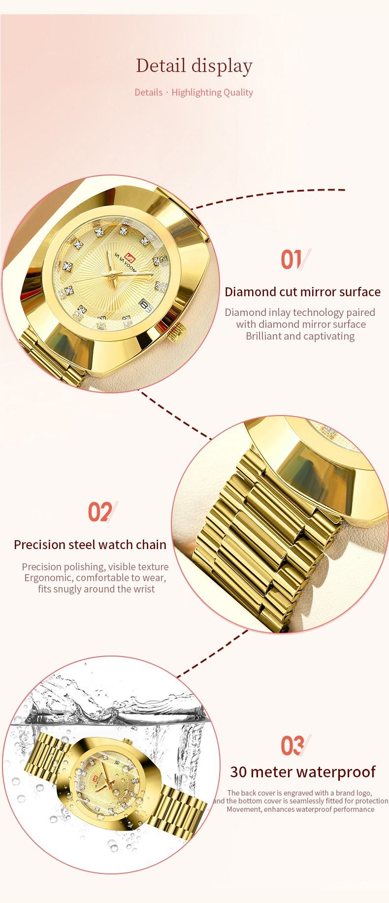 2024 VA VA VOOM-Branded Fully Automatic Movement Watch Calendar Suitable For Men / Women Non-Mechanical Design 30M Waterproof Suitable Quartz Watch Gold Diamond Set Steel Strap Watch Couple