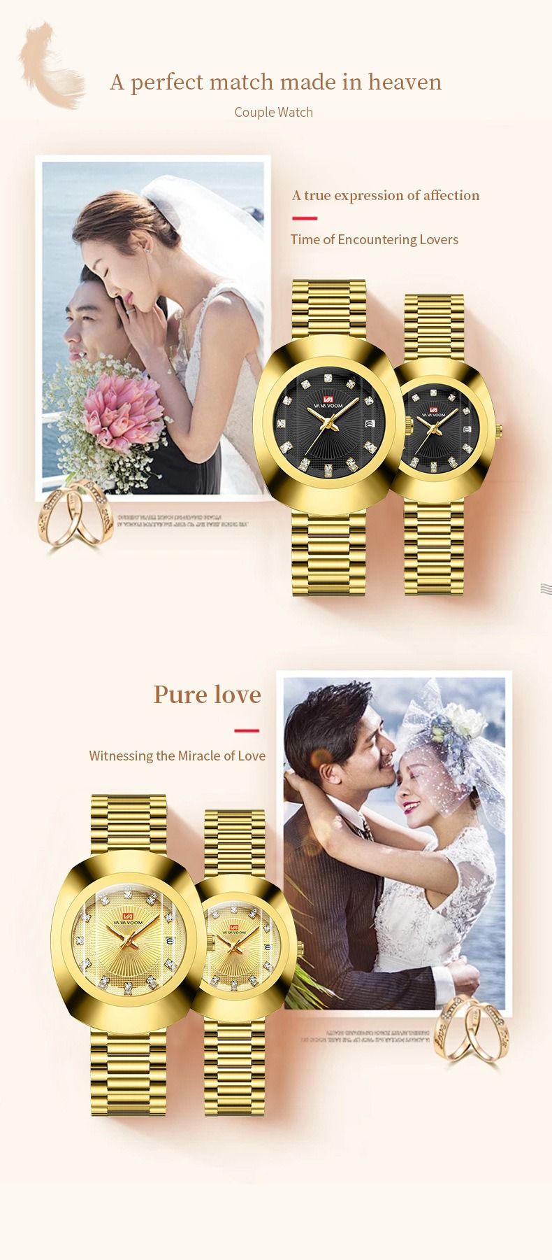 2024 VA VA VOOM-Branded Fully Automatic Movement Watch Calendar Suitable For Men / Women Non-Mechanical Design 30M Waterproof Suitable Quartz Watch Gold Diamond Set Steel Strap Watch Couple