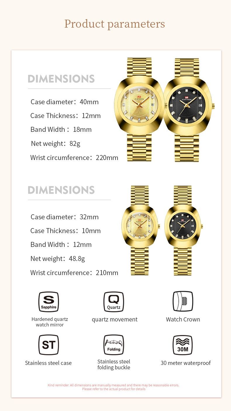 2024 VA VA VOOM-Branded Fully Automatic Movement Watch Calendar Suitable For Men / Women Non-Mechanical Design 30M Waterproof Suitable Quartz Watch Gold Diamond Set Steel Strap Watch Couple