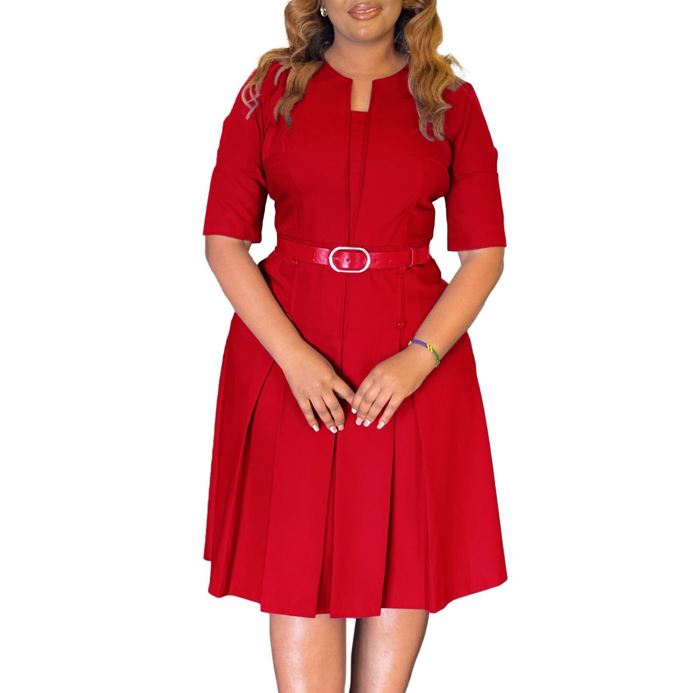African America 2024 Autumn / Winter D533 Women's Dress New Fashion Large Size Elegant Temperament Solid Color Five-point Sleeve Crew Neck Dress Popular Belt ElementsTemperament Elegant Style