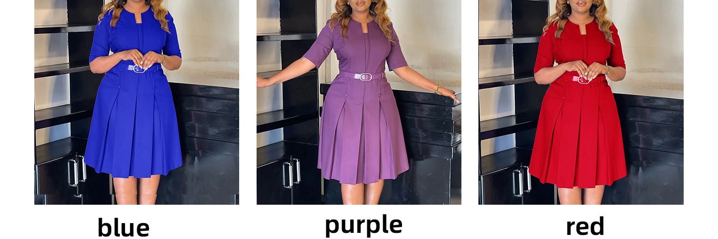 African America 2024 Autumn / Winter D533 Women's Dress New Fashion Large Size Elegant Temperament Solid Color Five-point Sleeve Crew Neck Dress Popular Belt ElementsTemperament Elegant Style
