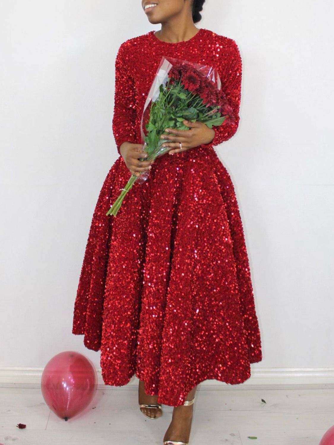 2024 Africa America D469 New Fashion Women's Round Neck Long Sleeve Solid Color Sequins High Waist Temperament Mid-long Evening Dress Pop Sequins Temperament Elegant Style