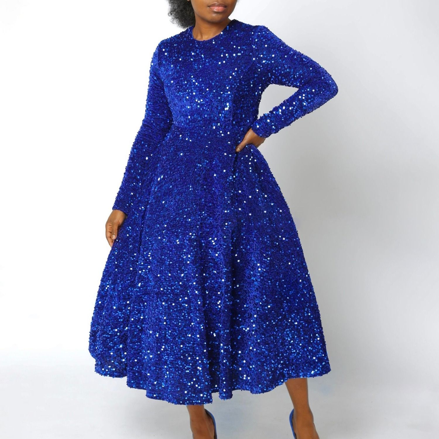 2024 Africa America D469 New Fashion Women's Round Neck Long Sleeve Solid Color Sequins High Waist Temperament Mid-long Evening Dress Pop Sequins Temperament Elegant Style