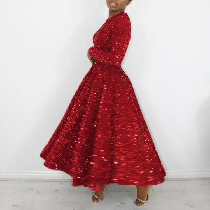 2024 Africa America D469 New Fashion Women's Round Neck Long Sleeve Solid Color Sequins High Waist Temperament Mid-long Evening Dress Pop Sequins Temperament Elegant Style