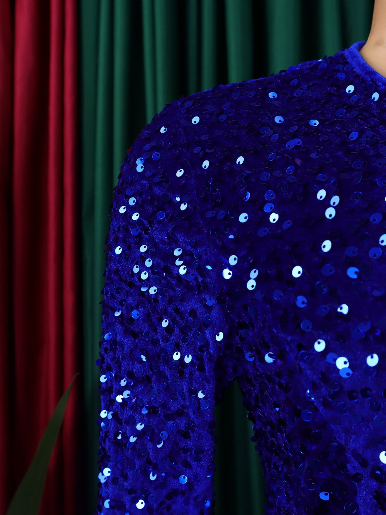 2024 Africa America D469 New Fashion Women's Round Neck Long Sleeve Solid Color Sequins High Waist Temperament Mid-long Evening Dress Pop Sequins Temperament Elegant Style