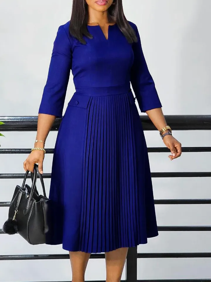 2025 Africa Europe America D529 Women's Autumn New Fashion Temperament Elegant Solid Color Pleated Plus-size Dress Solid Color Pattern Creasing Process Temperament Elegant Style