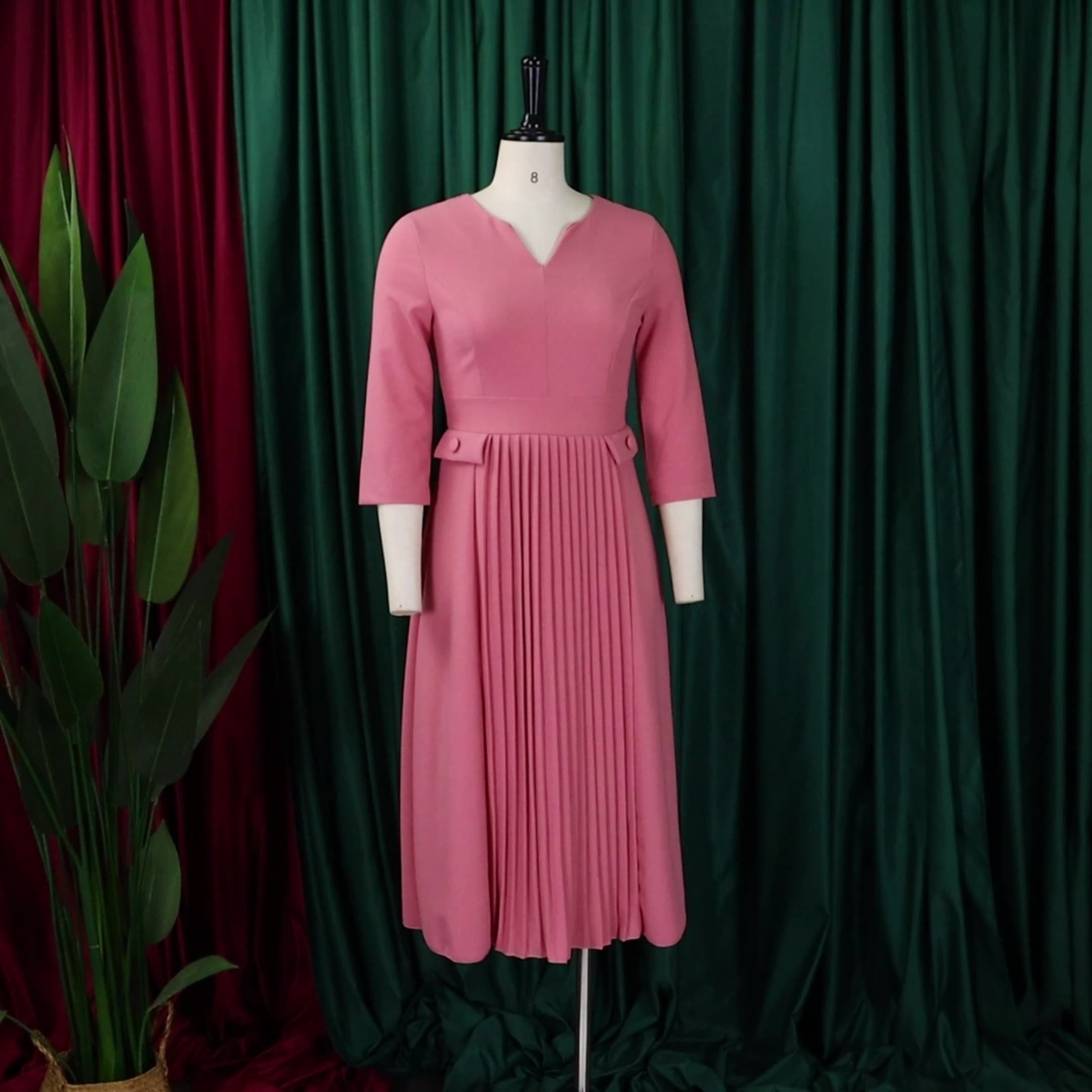 2025 Africa Europe America D529 Women's Autumn New Fashion Temperament Elegant Solid Color Pleated Plus-size Dress Solid Color Pattern Creasing Process Temperament Elegant Style